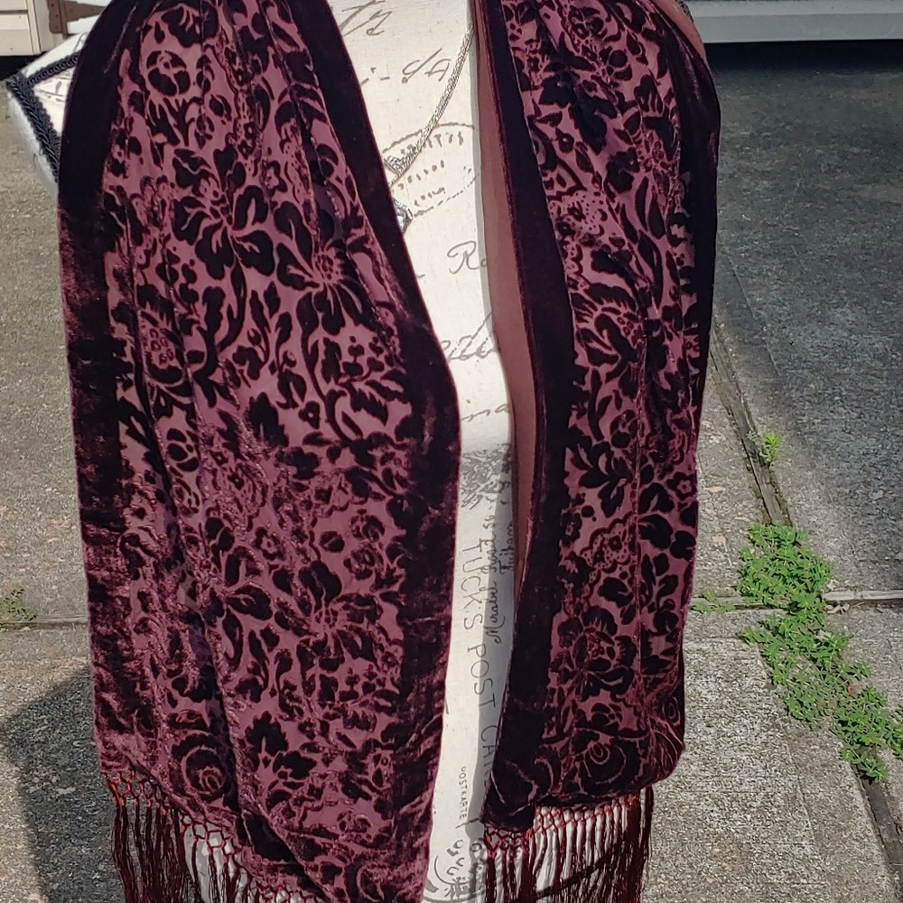 * Luxurious * Burgundy Velvet and Fringe Scarf